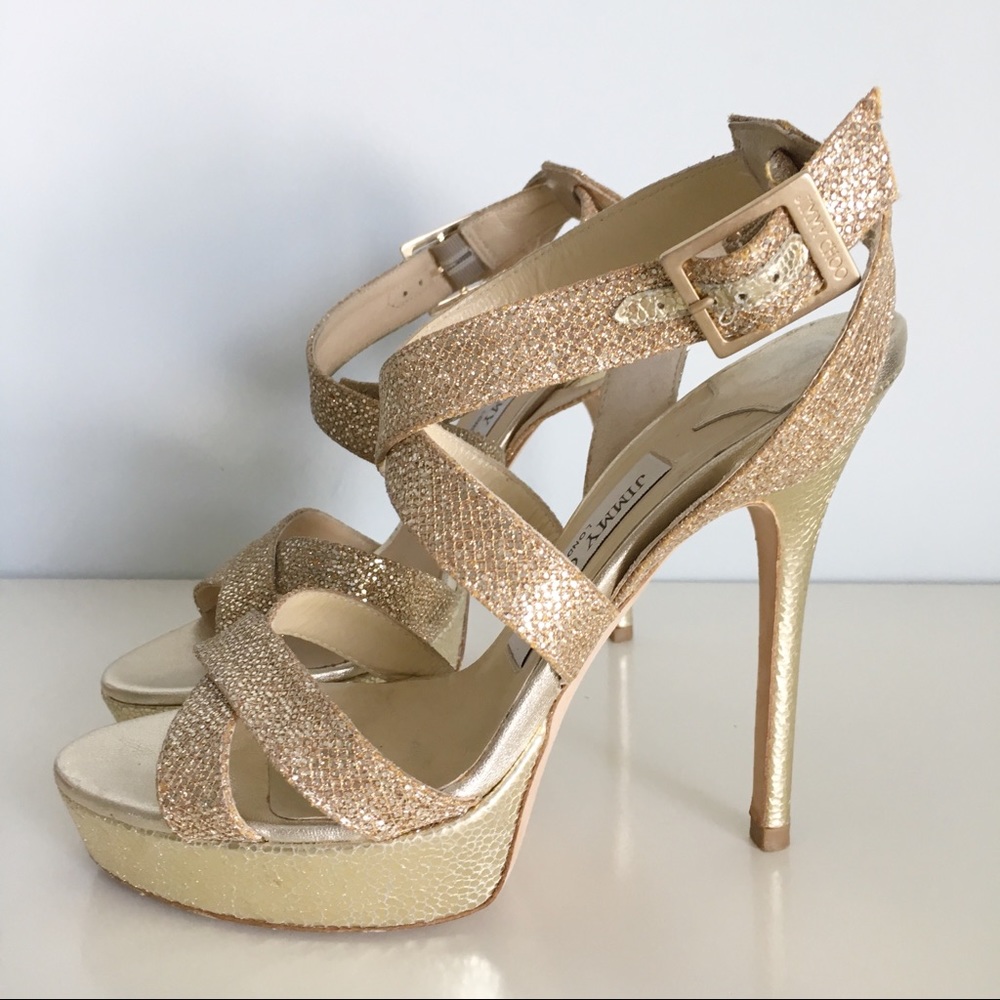 Jimmy Choo Gold Glitter Platform Sandal Gem